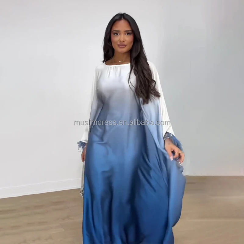 Habib Unique Islamic Clothing Maxi Modest Women Dresses Ombre Kaftan Satin Abaya Gradient Blue Color Women Muslim Dress with Fur