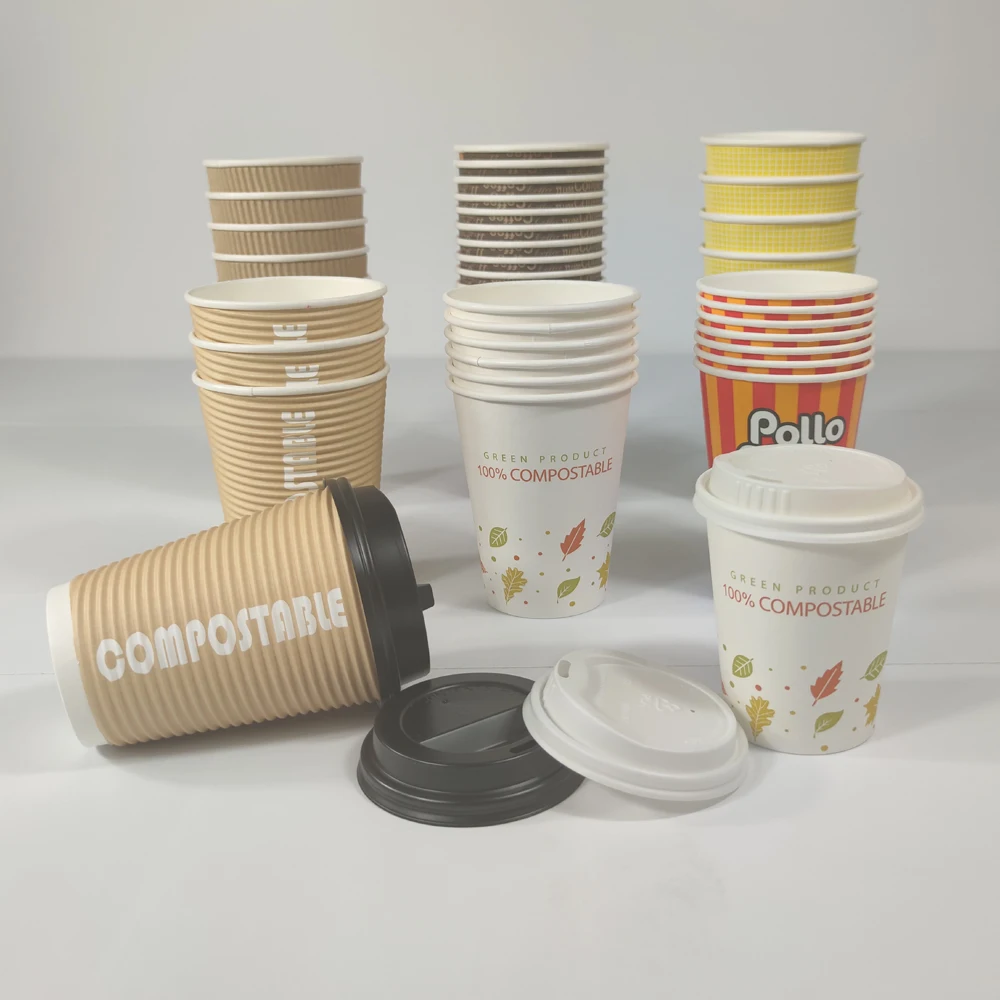 Biodegradable Disposable Coffee Paper Cups Single Double Wall PLA Coating Gold Foil Embossing Vanishing Stamping Varnishing