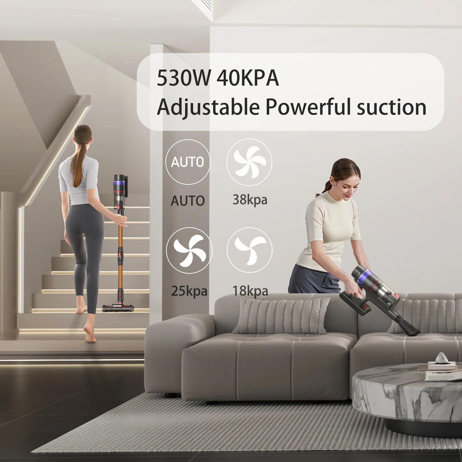 PRETTYCARE V3 Upright Handheld Cordless Vacuum Cleaner Smart Touch Display 530W Power Automatic Mode Car Home Vacuums Wireless