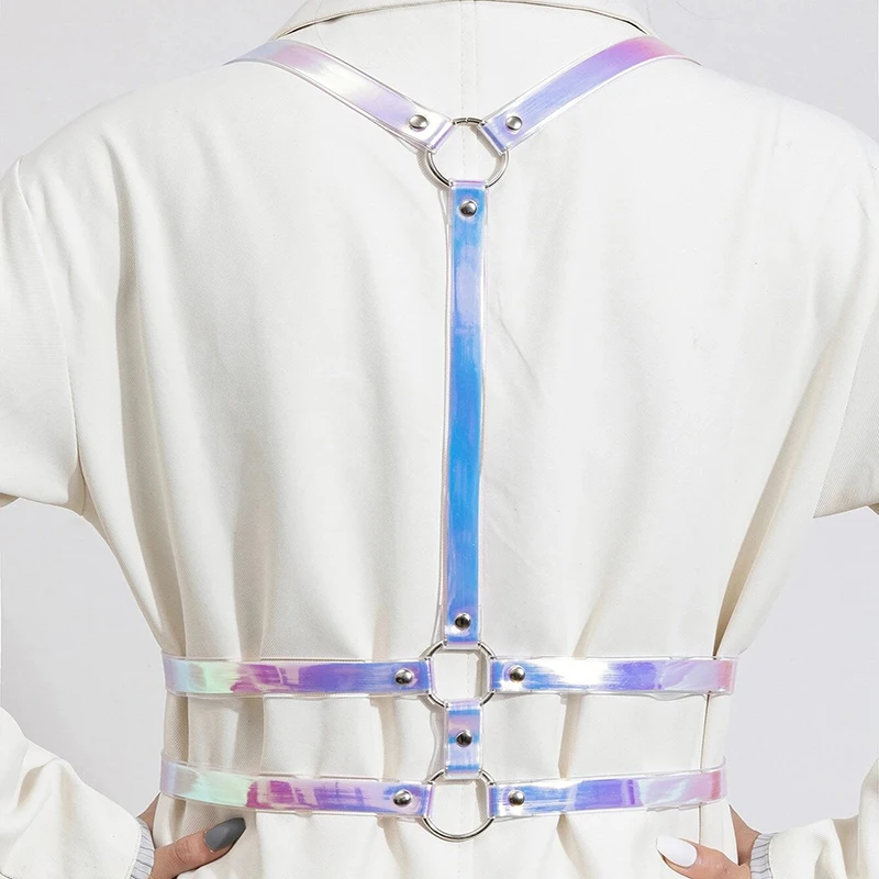 China Shiny Laser Mauve Purple PVC Harness Belt Women Sexy Colorful Body Harness Sculpting Belts