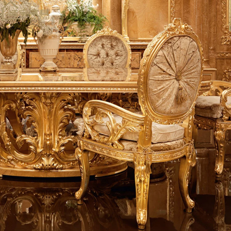 2022 French style Luxury Solid Wood Antique Carved long Dining table royal luxury dining room set