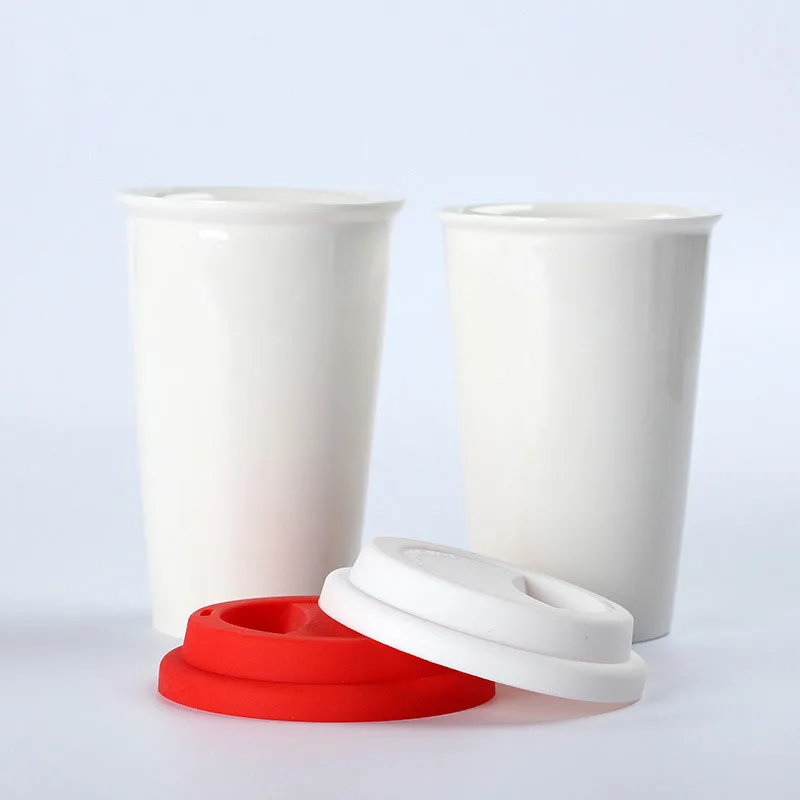 
MOQ 200 pcs 11 oz custom logo double wall ceramic mug, ceramic coffee tumbler with silicone lid 