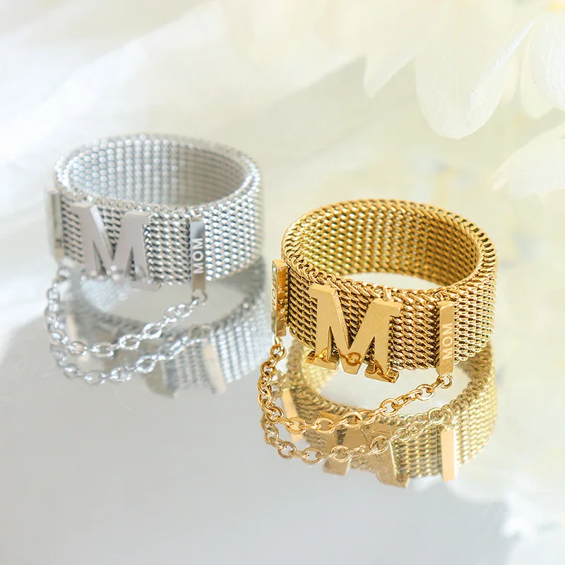 Fashion  Letter M Stainless Steel Mesh Belt Rings Jewelry 18K Gold Chain Rings Jewelry For Women