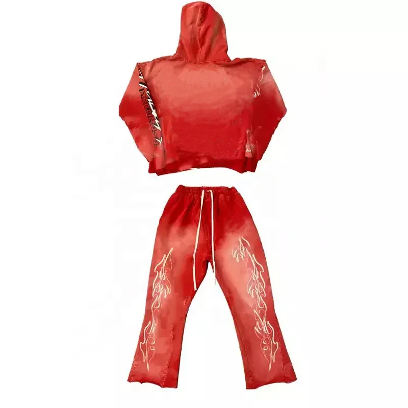 Acid Washed Sweat Suits Custom 100% Cotton Terry Oversized Tracksuit  Men Flare Sweatpants And Hoodie Set