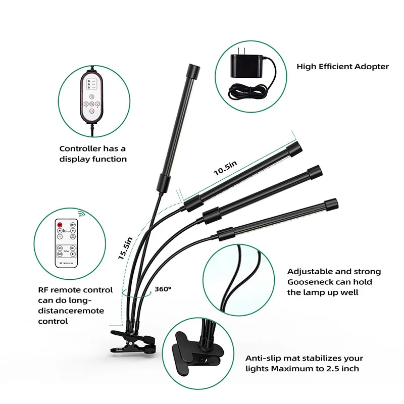 Greenhouse 4 Head Grow Light leds 20w Timer Desk Plant Light Adjustable Full Spectrum Indoor Plant Grow Lamp