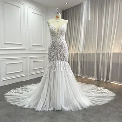 Manufacturers Mermaid Trumpet Sparkle Heavily Beaded Bridal Gown Lace Applique Crystal Plunging V Wedding Dress with Long Veil