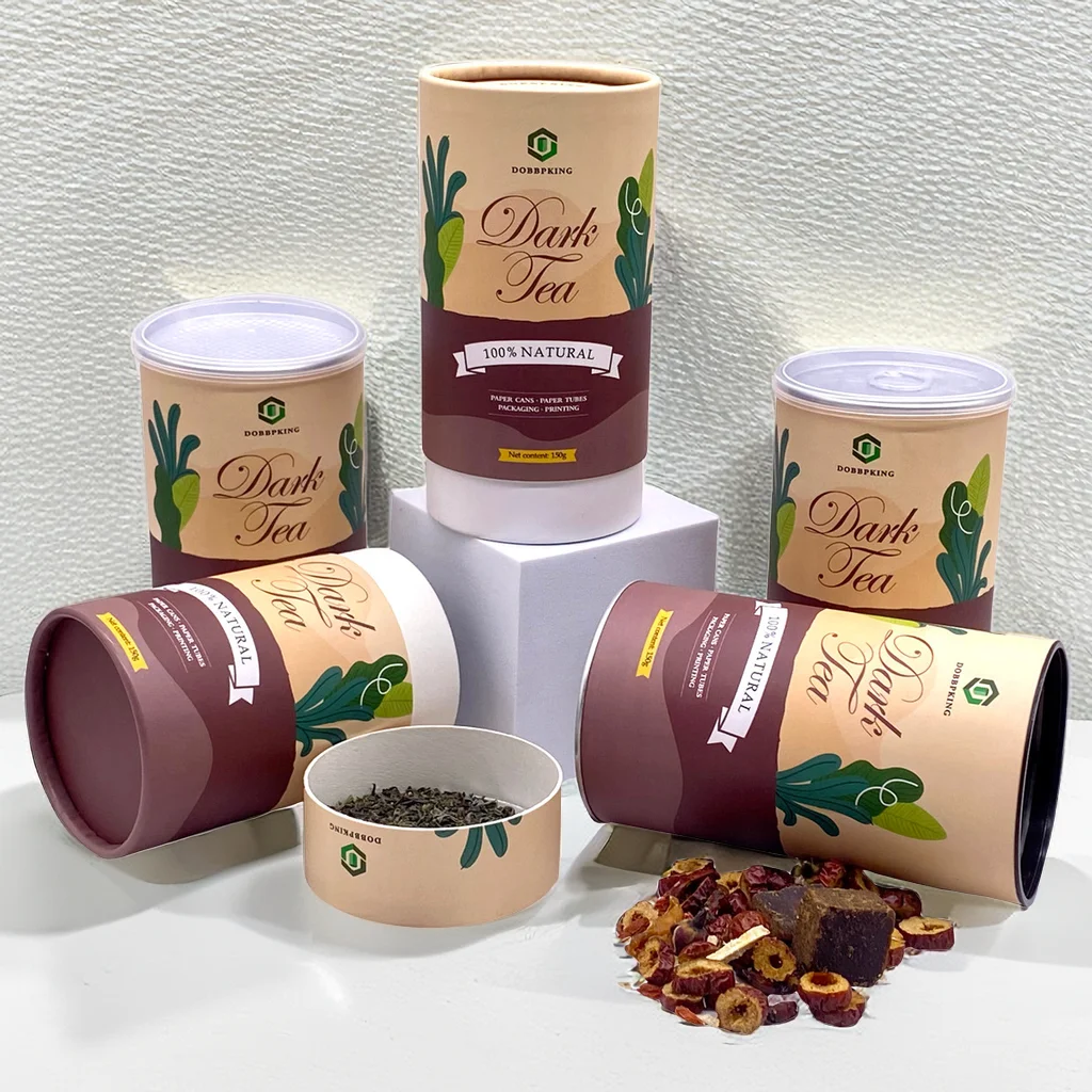 Biodegradable luxury food grade cylinder cardboard tea packaging cans aluminum lined round paper tube canister