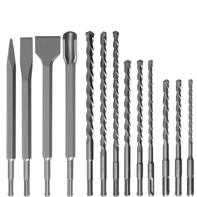 13pcs Diamond Drill Bit Set SDS Plus Hammer Drill Bits & Chisel for Masonry Concrete Work Twist Processed Kit