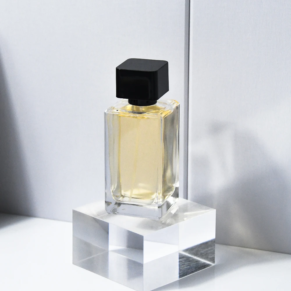 New style Luxury Custom 100ml Spray Empty refillable Glass screw mouth Perfume Bottles With Black Square Cap