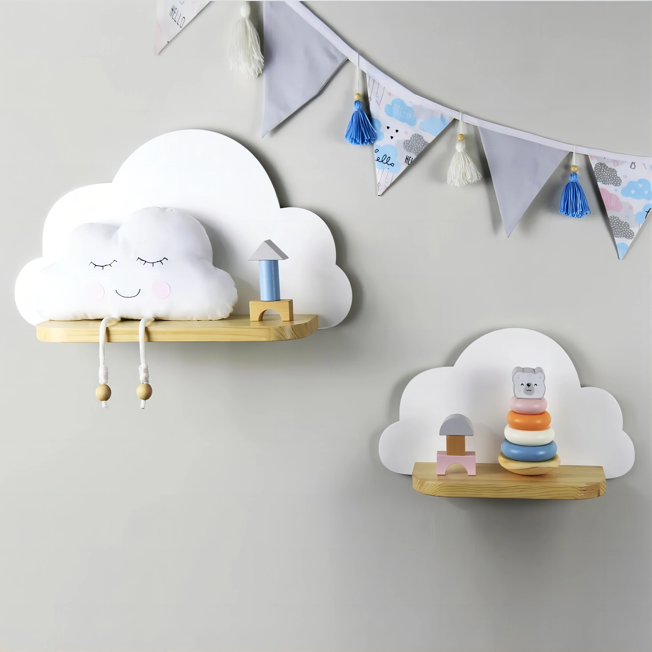 Set of 2 white wooden  cloud wall shelf for nursery Wooden floating shelf Nursery room wood rack  Bookshelf for kids room
