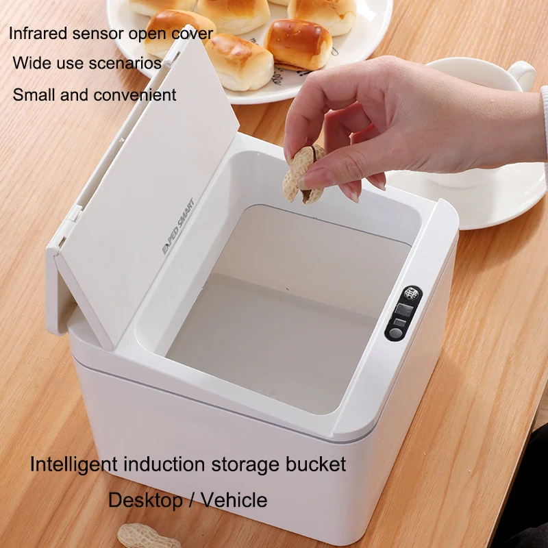 2020 hot sale 4L ABS smart touchless battery powered  trash cans and portable desktop square trash bin