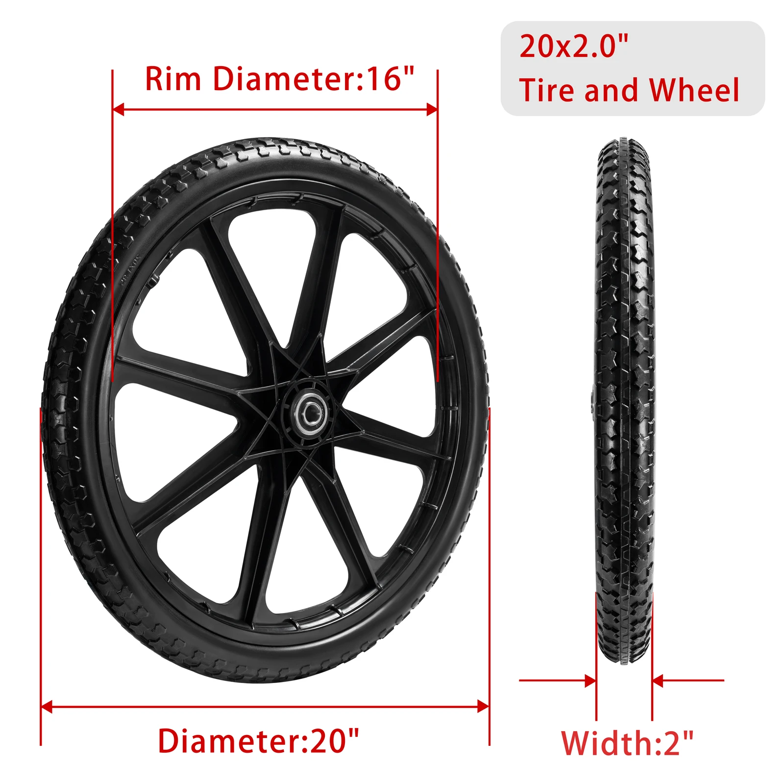 Flat Free Tire Wheels Patterned Y-shaped 8-bar spoke wheel 20x2 inch Black PP Flat Free Tires