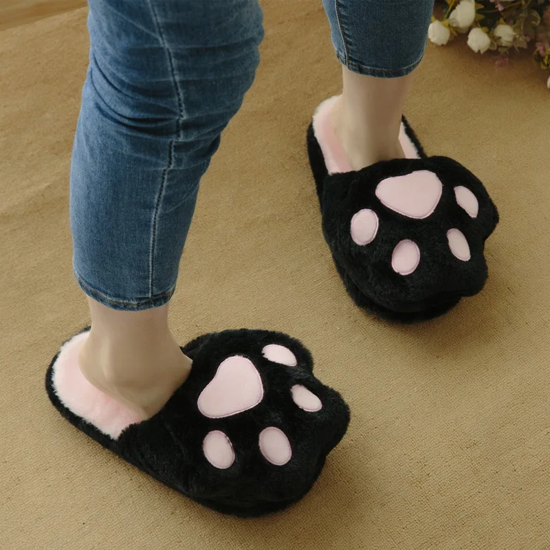 Fuzzy Plush Slippers Cats Pad Cartoon Animal Pink Grey Bear Paw Black Girls Anti-slip Indoor Floor Shoes