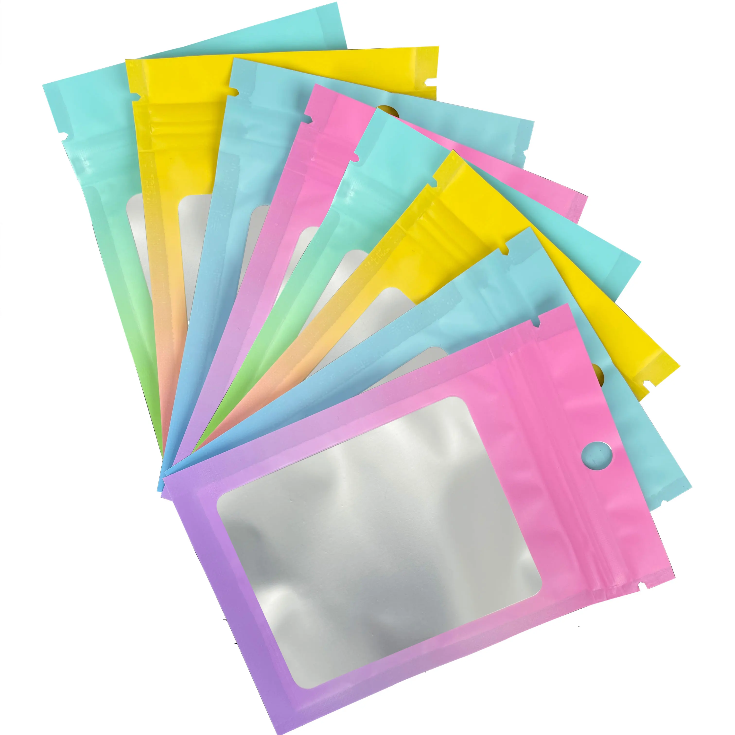 custom mylar bag print logo purple pink blue colorful gradient matte window resealable ziplock packaging bags for small business