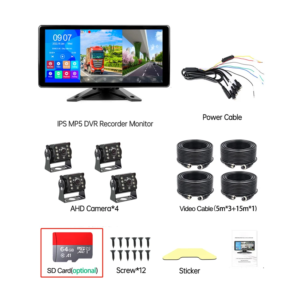 9V-36V 4 Channel Car Monitor Bus Truck Waterproof Black Box Night Vision AHD Camera MP5 4K Car DVR Monitor
