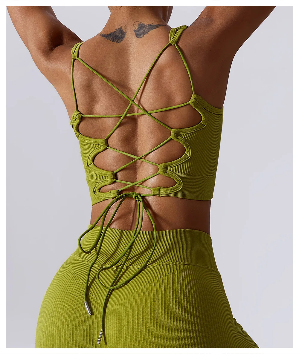 Cross back youth multi strap sports bra with unique designs pads sewn in