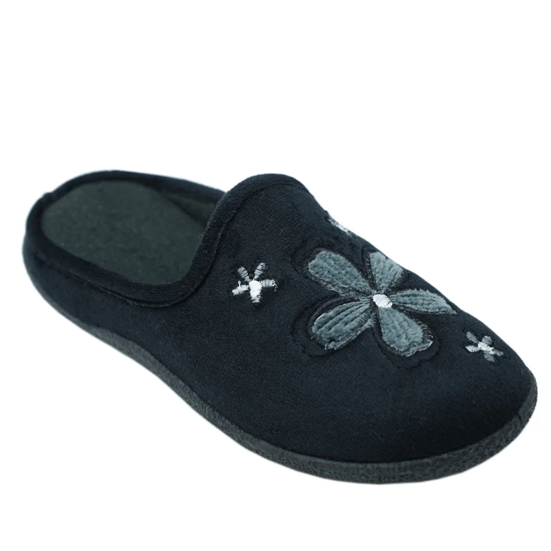 All black embroidered blue flowers nap cloth upper super-soft velvet lining  house slipper for old ladies
