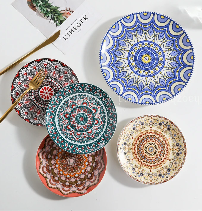 Popular bohemian style custom pattern decal tableware salad pasta steak food serving ceramic plates for restaurant