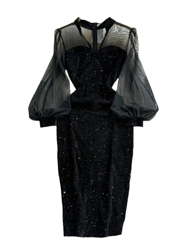 Autumn and Winter French Style Hepburn Wind Black Gauzy Lantern Long Sleeve Stitching v Collar Sequined Velvet Sheath Dress Wome