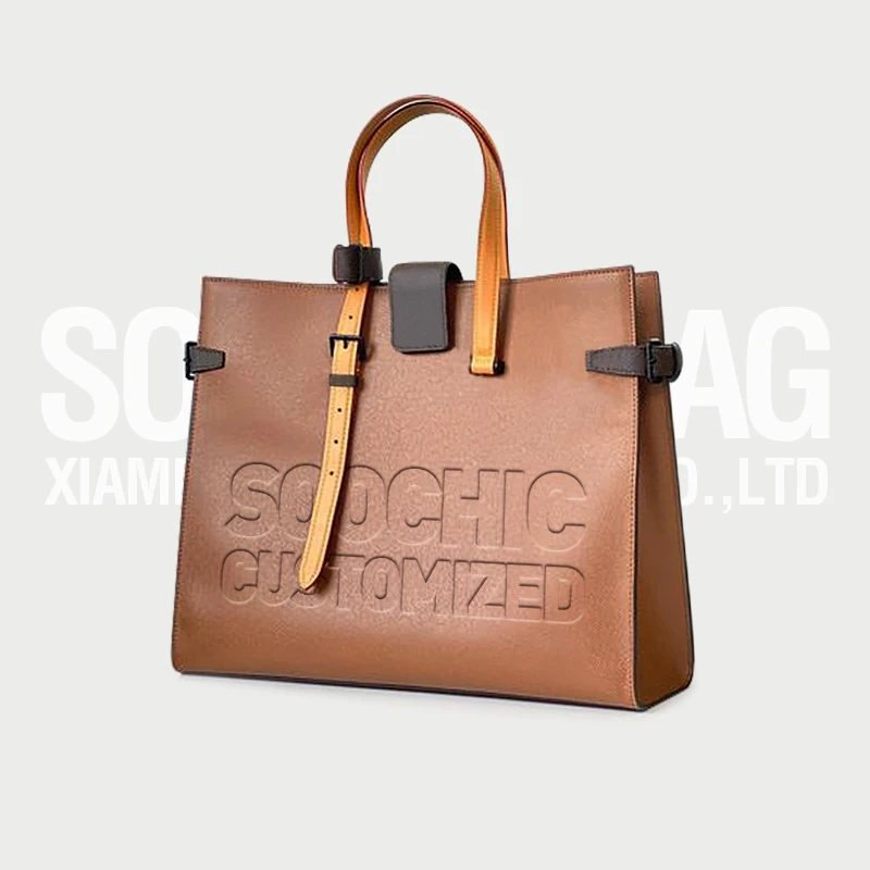 Customized Luxury Tan Leather Square Tote bags with Custom Embossed Logo for Unisex Purses