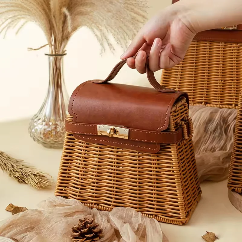 Natural wicker rattan bags bali woven seagrass bag hand-woven rectangular basket ladies women wholesales basket