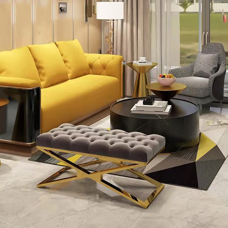 Luxury Living Room Bench Gold Stainless Steel Legs Leather Velvet Chairs Modern Salon Sofa Bed End Stool High-Density Sponge