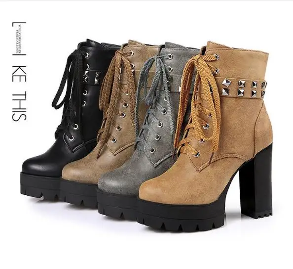 2020 rivet thick high heel waterproof platform ladies boots plus small size 33-43 customize women ankle boots warm women shoes