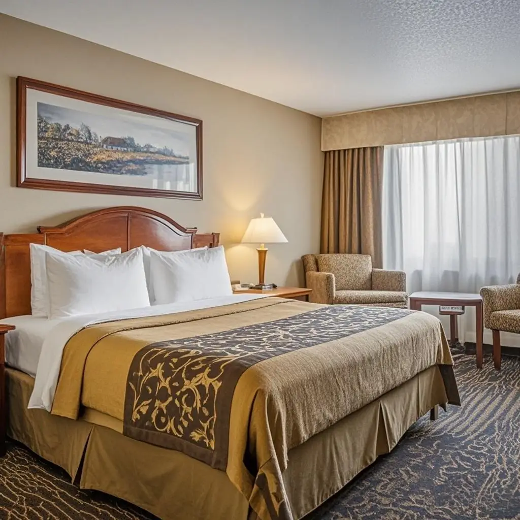Red Lion Inn & Suites, индивидуальная деревянная панель, спальня, большая кровать и двухместная комната с универсальной ванной комнатой для отелей