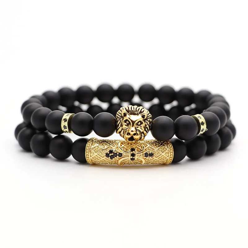 NUORO Classic Black Beads 2pc/Set Natural Glass Stone Bracelet Men Pave CZ 8mm Disco Ball Charms Bracelets Women Gold Jewelry