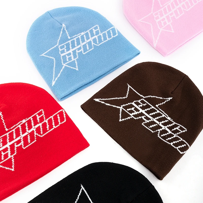 Customized stretchable rib knit fabric 100% Acrylic beanies hats all over logo knitted jacquard winter skull beanie caps