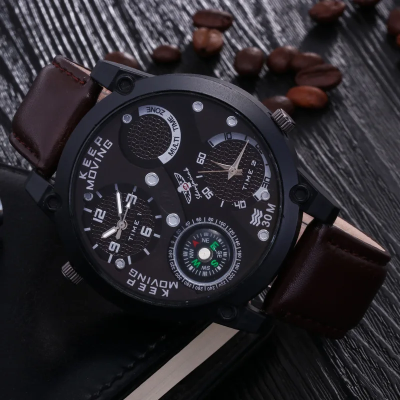Fashion dual movement outdoor military compass watch waterproof belt quartz watch