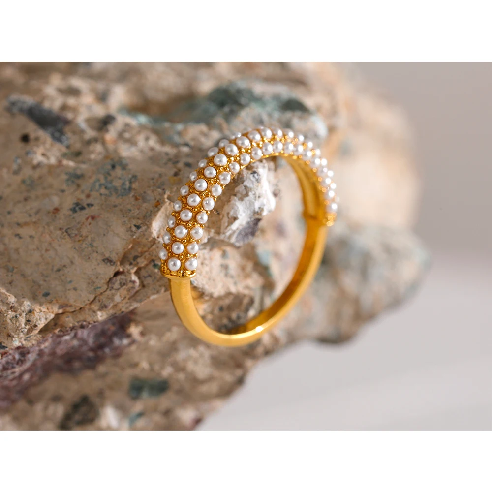 JINYOU 841 Elegant Artificial Pearls Stainless Steel Charm Chic Ring 18K Gold Plated Waterproof Trendy Fashion Romantic Jewelry