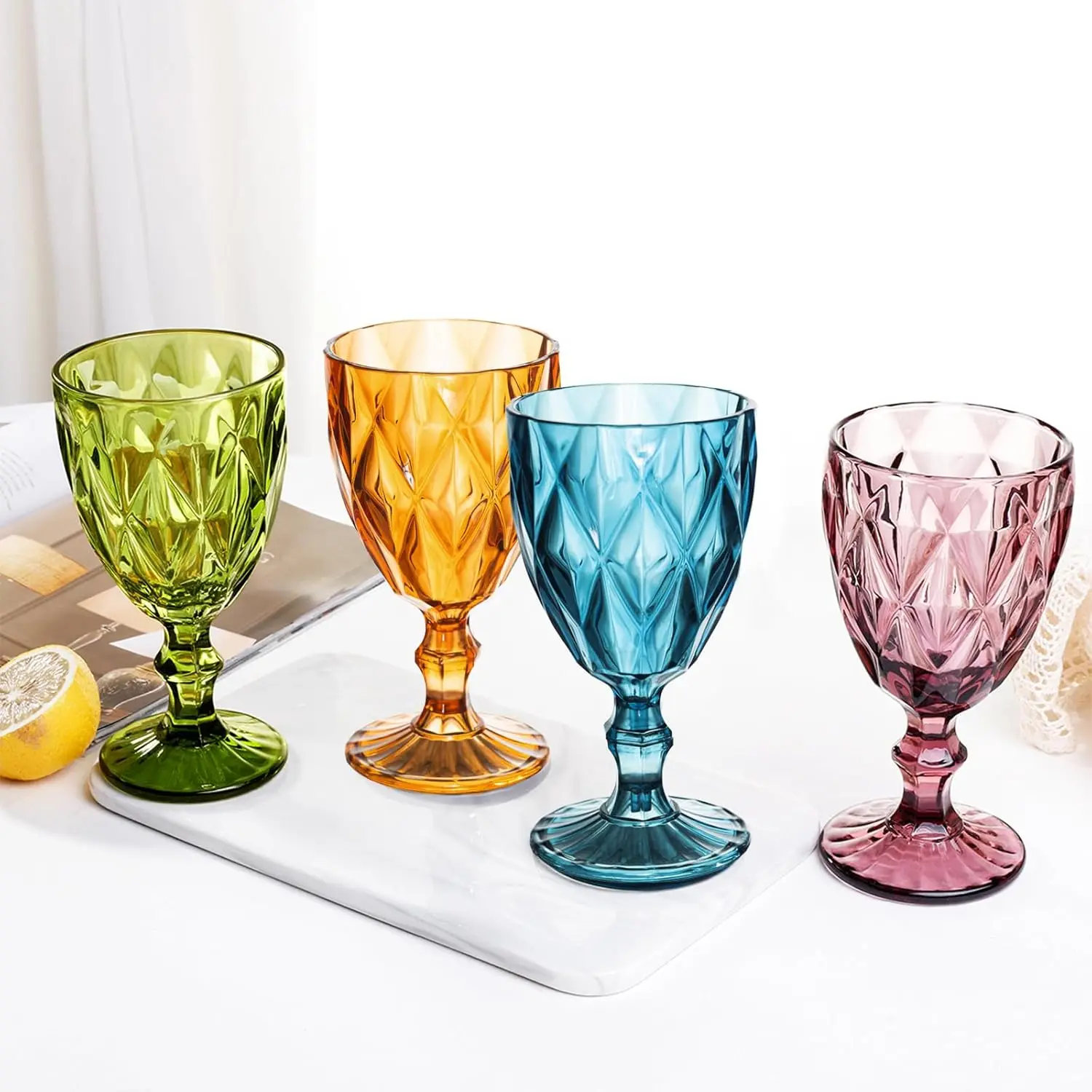 12 Ounce Vintage Unique Embossed Pattern Unbreakable Stemmed Colored Water Wine Glasses Goblets for Wedding Party Bar