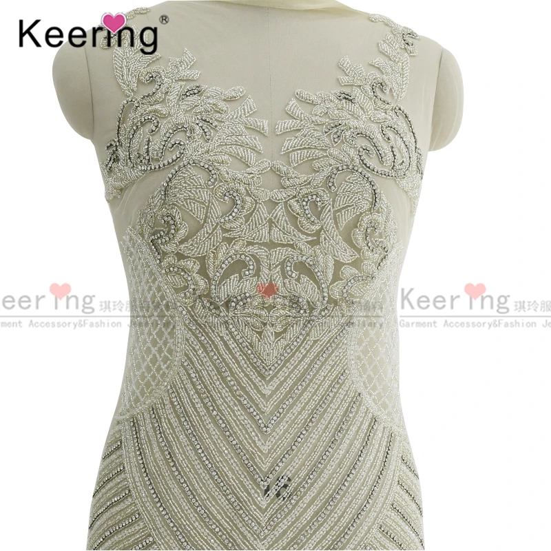 Wholesale rhinestone crystal dress applique white color beaded bodice  patch WDP-177