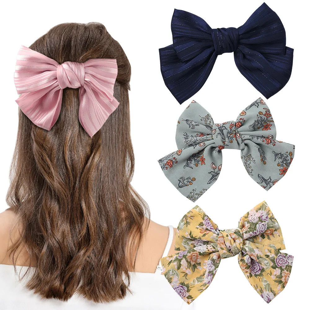 Large Hair Bows Printing Ribbon Silk Hair Bow Barrettes Bowknot Hair Accessories for Women Girls Teens