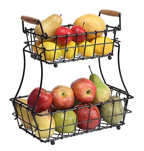 2 Tier Metal Black Rectangle Countertop Fruit Bread Wire Basket