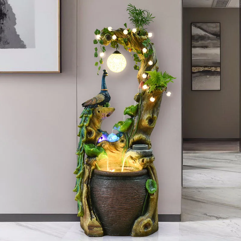 Chinese Style Peacock Zen Rockery Flowing Water Fountain Landscape Fortune-giving Gift Ornaments Root Carving Feng Shui Ball