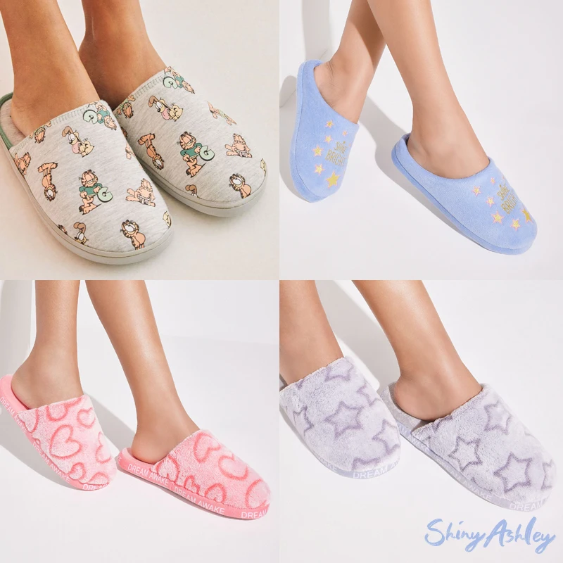 New arrival women flat slippers cute daily fuzzing indoor slippers half pack cut flowers foil print women indoor slippers