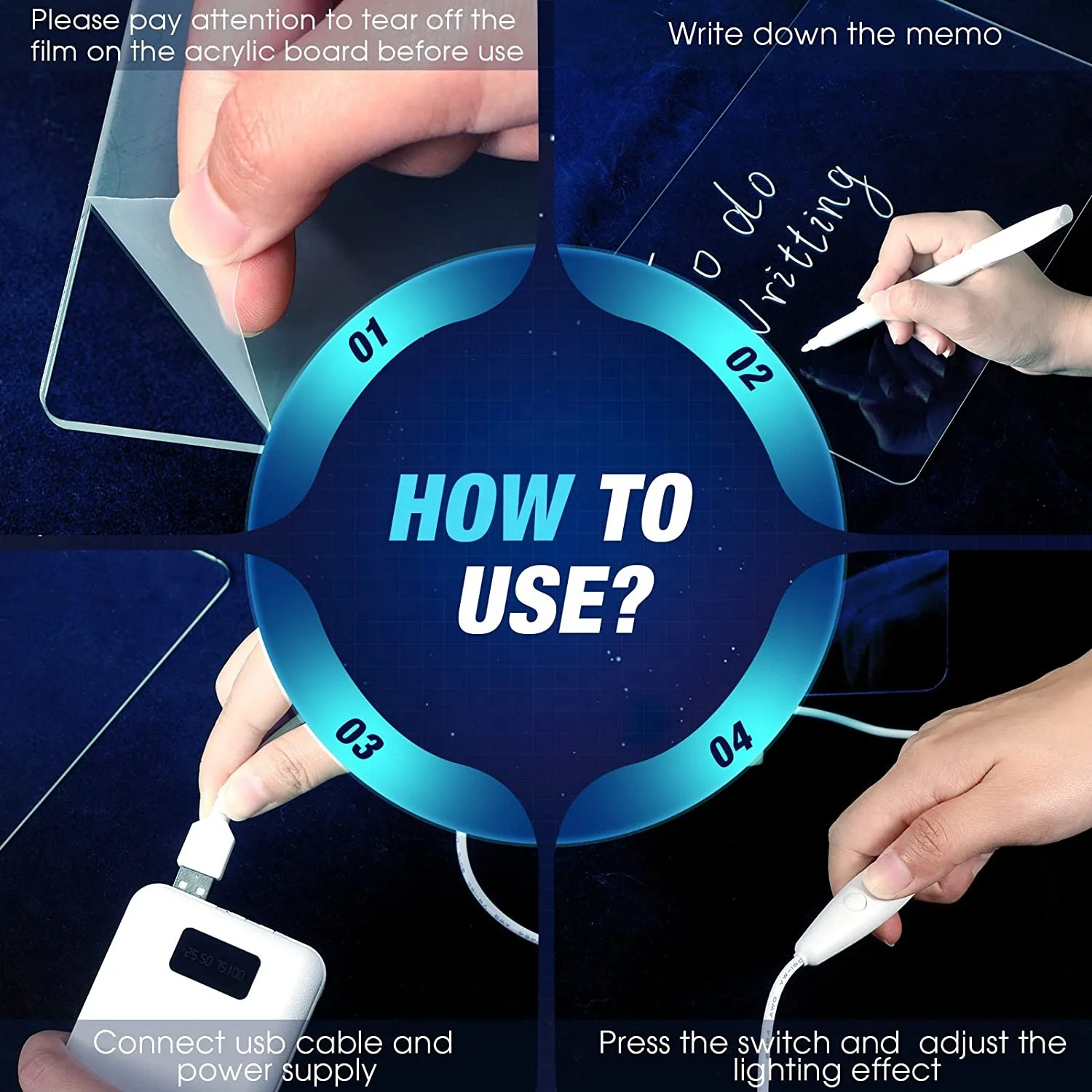 LED Message Board Luminous Acrylic Board for Office Acrylic Dry Erase Board with Light up Wooden Stand Lamp Base