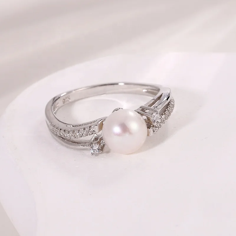 Kammy 7.5-8mm Luxury Jewelry Freshwater Pearl 925 Silver Adjustable Minimalist Jewelry Wedding And Engagement Rings For Women