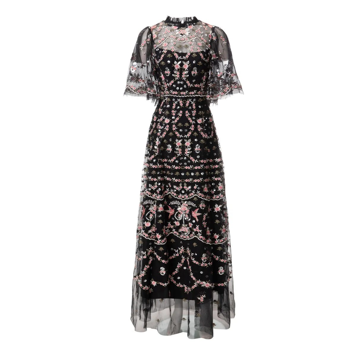 XXXL Long Evening Dress 2024 Summer Special Occasion Dress Women Allover Sequined Embroidery Sexy Tulle Mesh Long Maxi Dresses