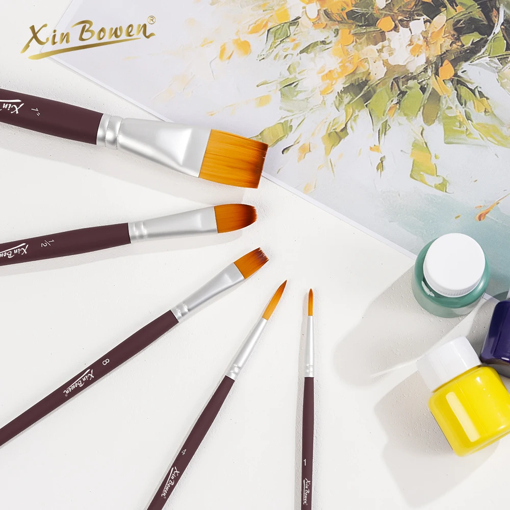 Xin Bowen Master Paintbrush 5 Pieces Matte Brown Pure Wood Handle Artist Painting Brush For Watercolor Acrylic And Oil Drawing