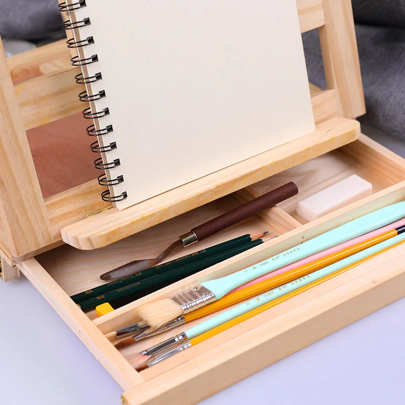 Portable Polished Wooden Easel with Drawer Tabletop Wooden Craft Wooden Box and Wall Sign for Technical Drawing Storage