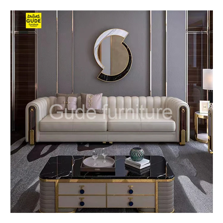 Luxury Living Room Furniture White Leather Upholstered Chesterfield Sofa Set Solid Wood Sofa Set GUDE Sofaset Living Room Modern