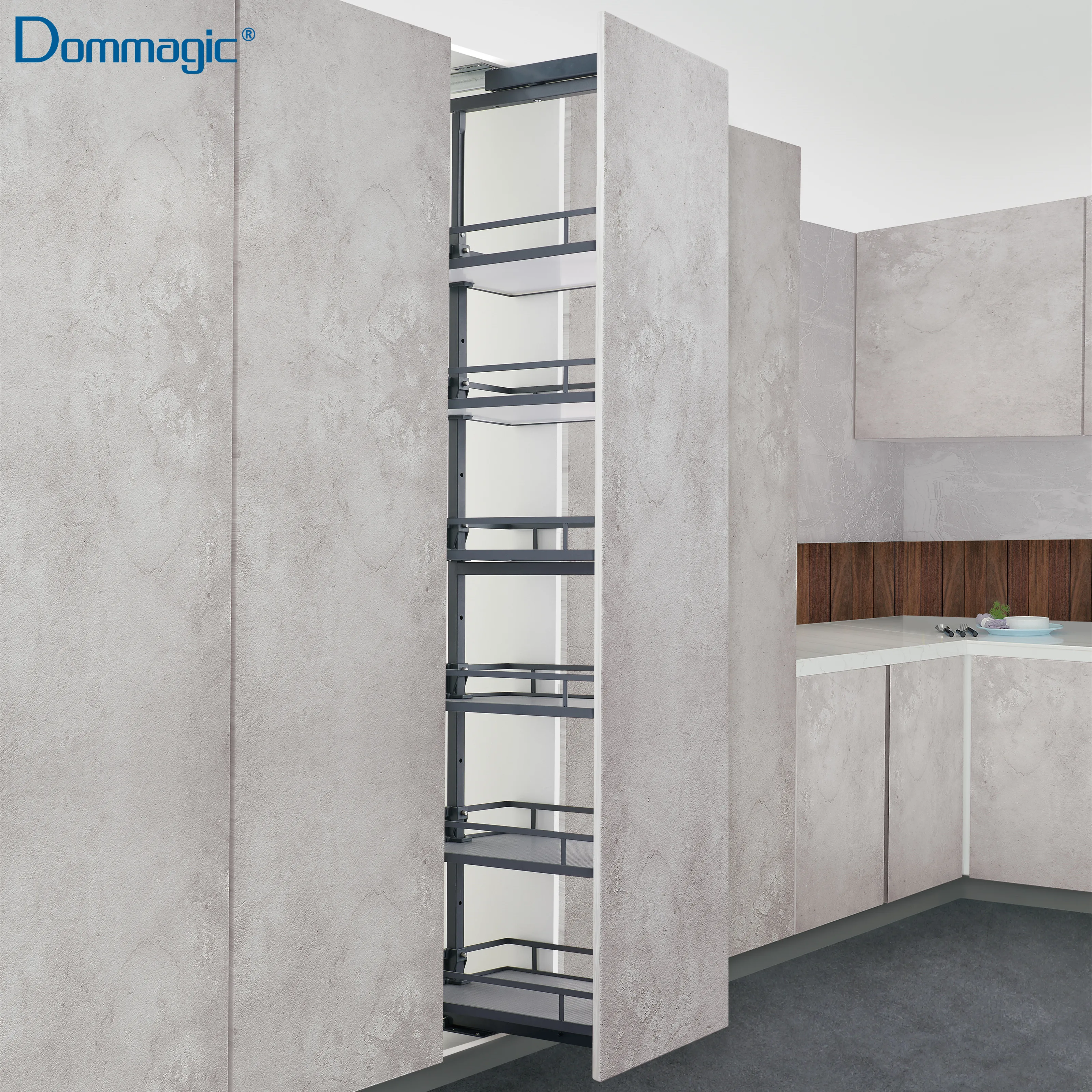 Tall Unit Kitchen Storage GRASS slide Tall Pull Out Kitchen Cabinet Hardware Tandem Basket Wooden Tray Anthracite D20612