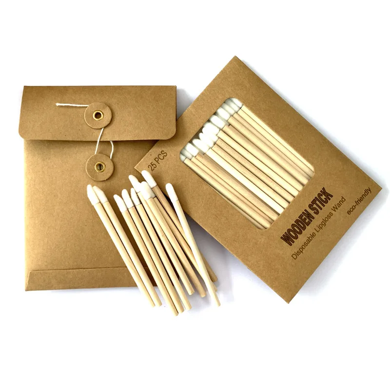 Eco-friendly Wooden Handle Disposable Lip Gloss Wand with Lint-free Applicator 25 Counts in Skylight Kraft Paper Envelope