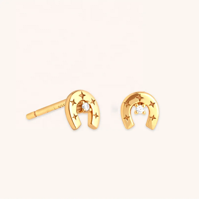 LOZRUNVE 925 Sterling Silver Classic Lucky Engraved Star Horseshoe Stud Earring