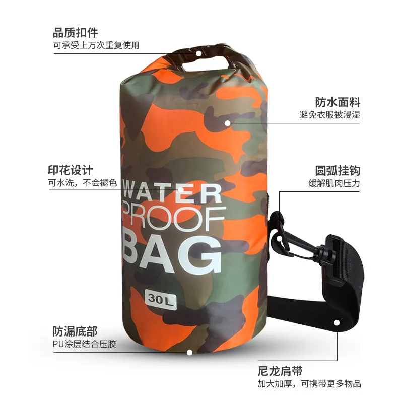 Custom Print Logo Swim Ocean PVC Roll-Top Outdoor Pack Ice Reusable Camouflage Waterproof Dry Bag With Shoulder Strap
