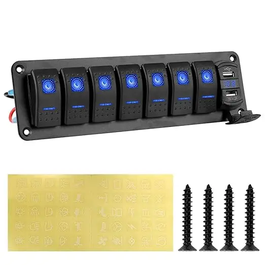 12V 7 Gang Blue LED Rocker Switch Panel with USB Charger Digital Voltmeter for marine Boat Yacht RV Trucks
