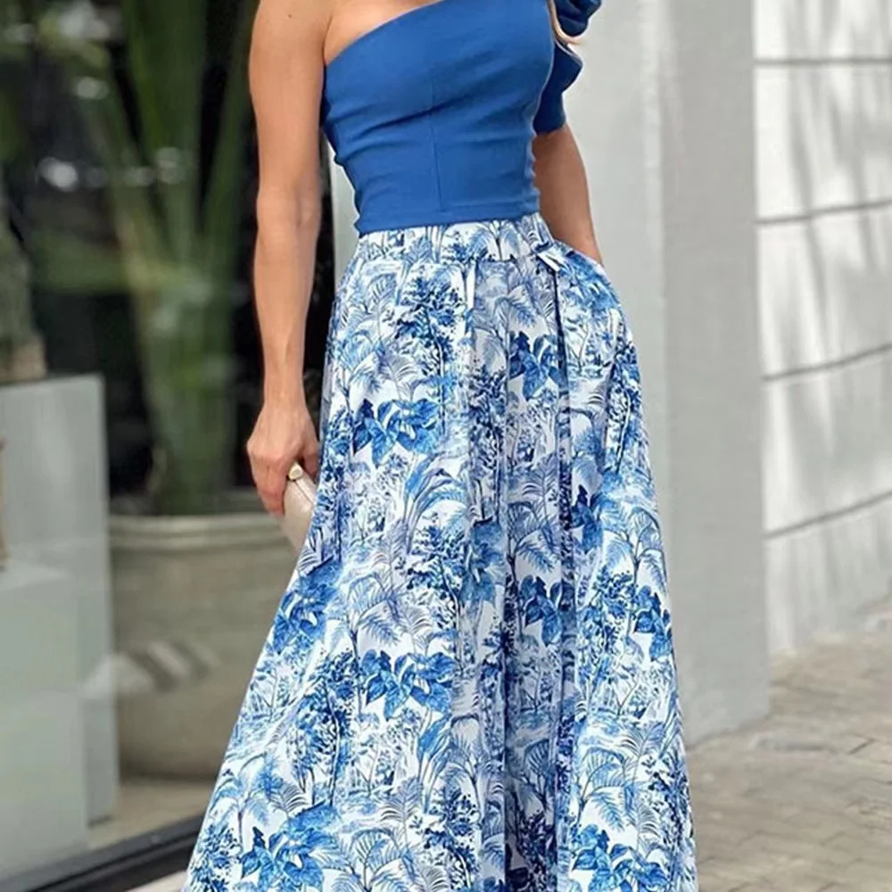2023 New Arrivals Floral Palazzo Pants Suits Women Chic One Shoulder Top And Wide Leg Pants 2 Piece Summer Outfits